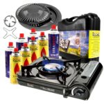 Gaskocher-Campingkocher-Turbo-2,9kW-RS-3500-schwarz-Set-8-Gaskartuschen-Grillplatte-Gaskreuz